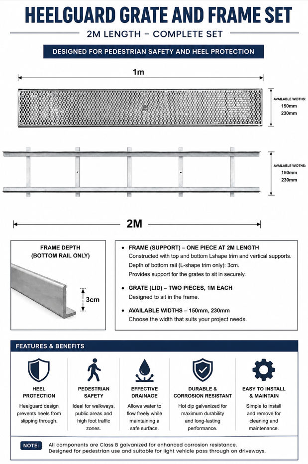 Class B Galvanised Steel Heelguard Grate and Frame Complete Set 150mm 30mm 2m