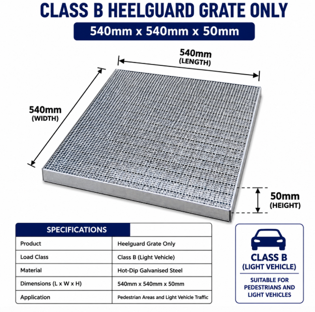 Class B Galvanised Heelguard Grate to Suit Reln 450 Series Pit | 540 x 540 x 50mm