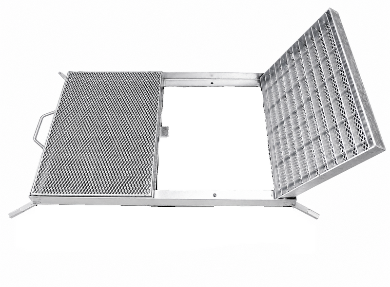 Class B Galvanised Heelguard Grate and Frame 600mm X 900mm X 50mm | Centre Hinged and Open