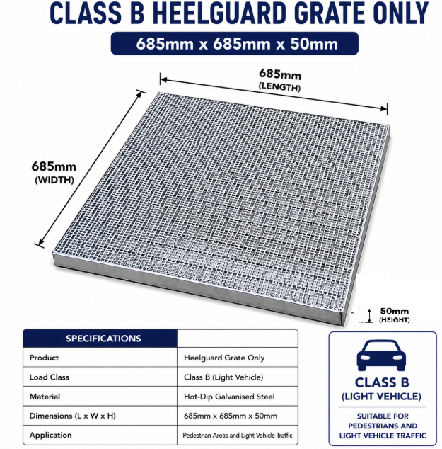 Class B Galvanised Heelguard Grate to Suit Reln 600 Series Pit | 685 x 685 x 50mm