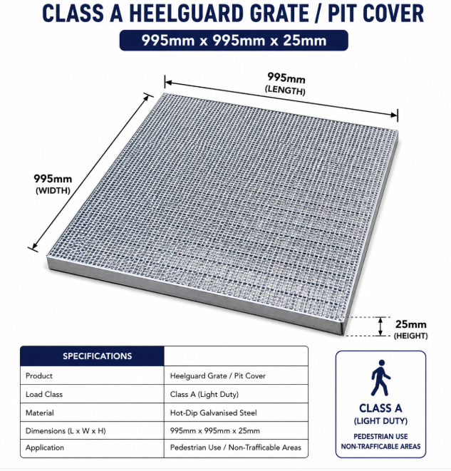 Class A Galvanised Heelguard Grate or Pit Cover | 995mm X 995mm X 25mm