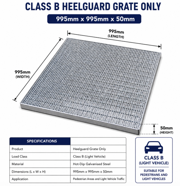 Class B Galvanised Heelguard Grate or Pit Cover | 995mm X 995mm X 50mm