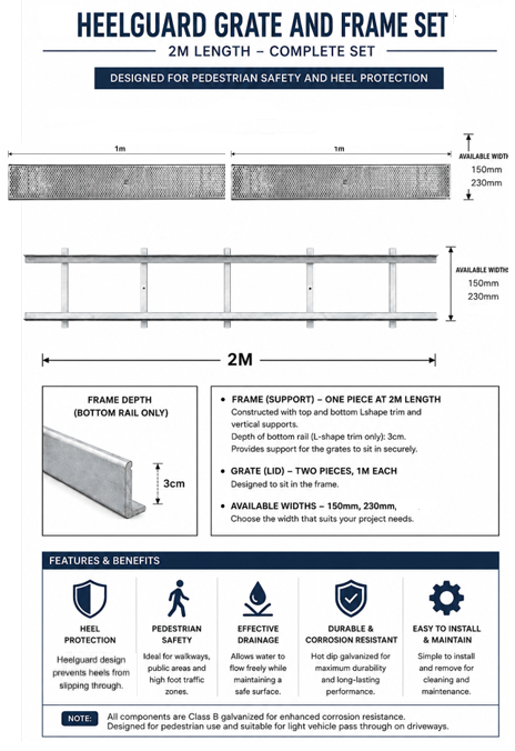 Class B Galvanised Steel Heelguard Grate and Frame Complete Set 150mm 30mm 2m