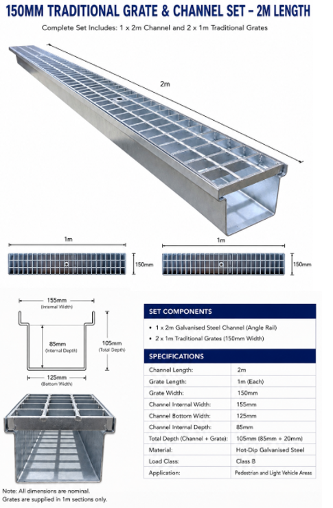 Class B Hot-Dipped Galvanised Traditional Grate and Channel Drainage Set - 3 Sizes Available