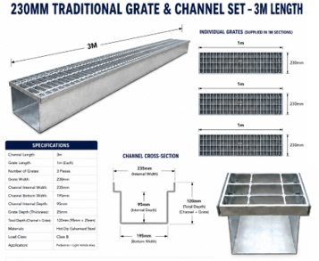Class B Hot-Dipped Galvanised Traditional Grate and Channel Drainage Set - 3 Sizes Available